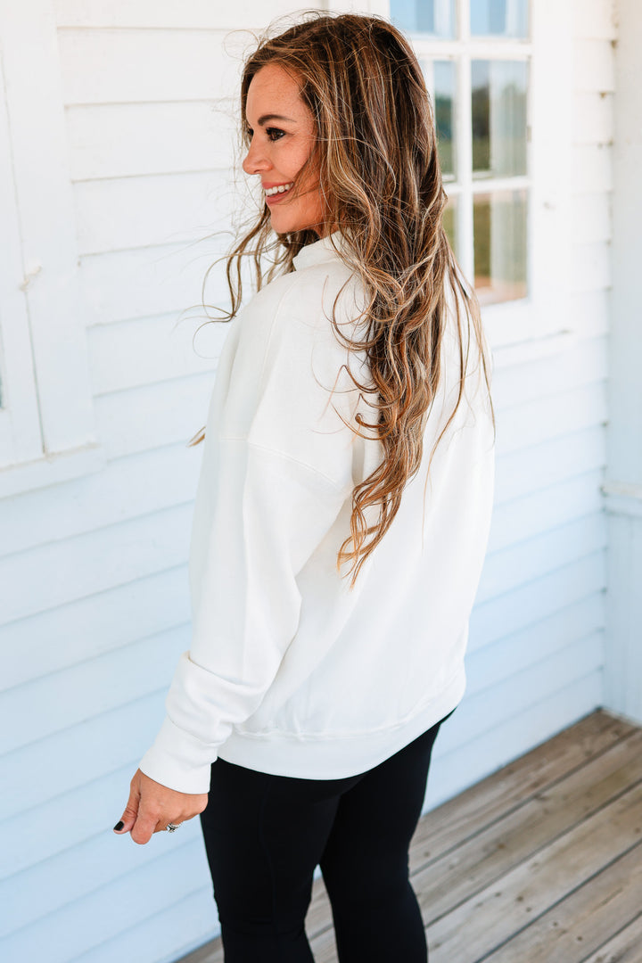 Spooky Season Shadow Script Embroidery Mockneck Sweatshirt - Cream