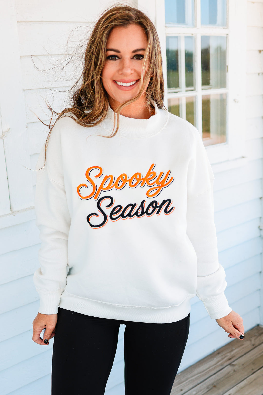 Spooky Season Shadow Script Embroidery Mockneck Sweatshirt - Cream