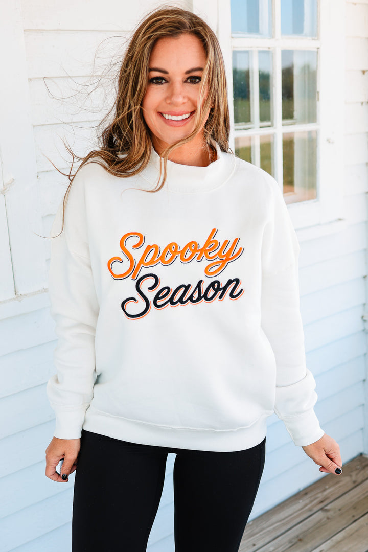 Spooky Season Shadow Script Embroidery Mockneck Sweatshirt - Cream