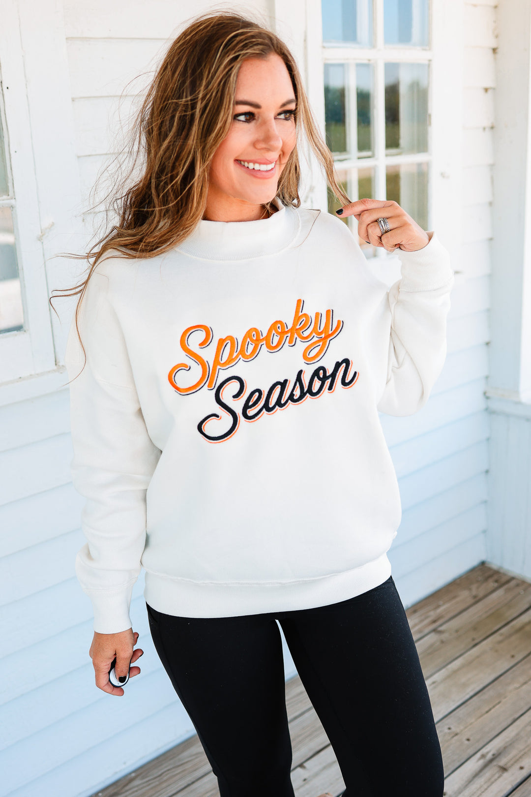 Spooky Season Shadow Script Embroidery Mockneck Sweatshirt - Cream