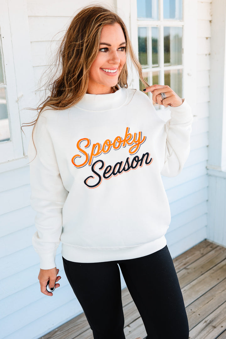Spooky Season Shadow Script Embroidery Mockneck Sweatshirt - Cream