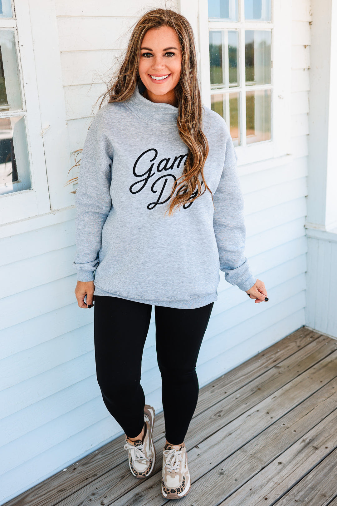 GAME DAY Shadow Script Embroidery Mockneck - Grey