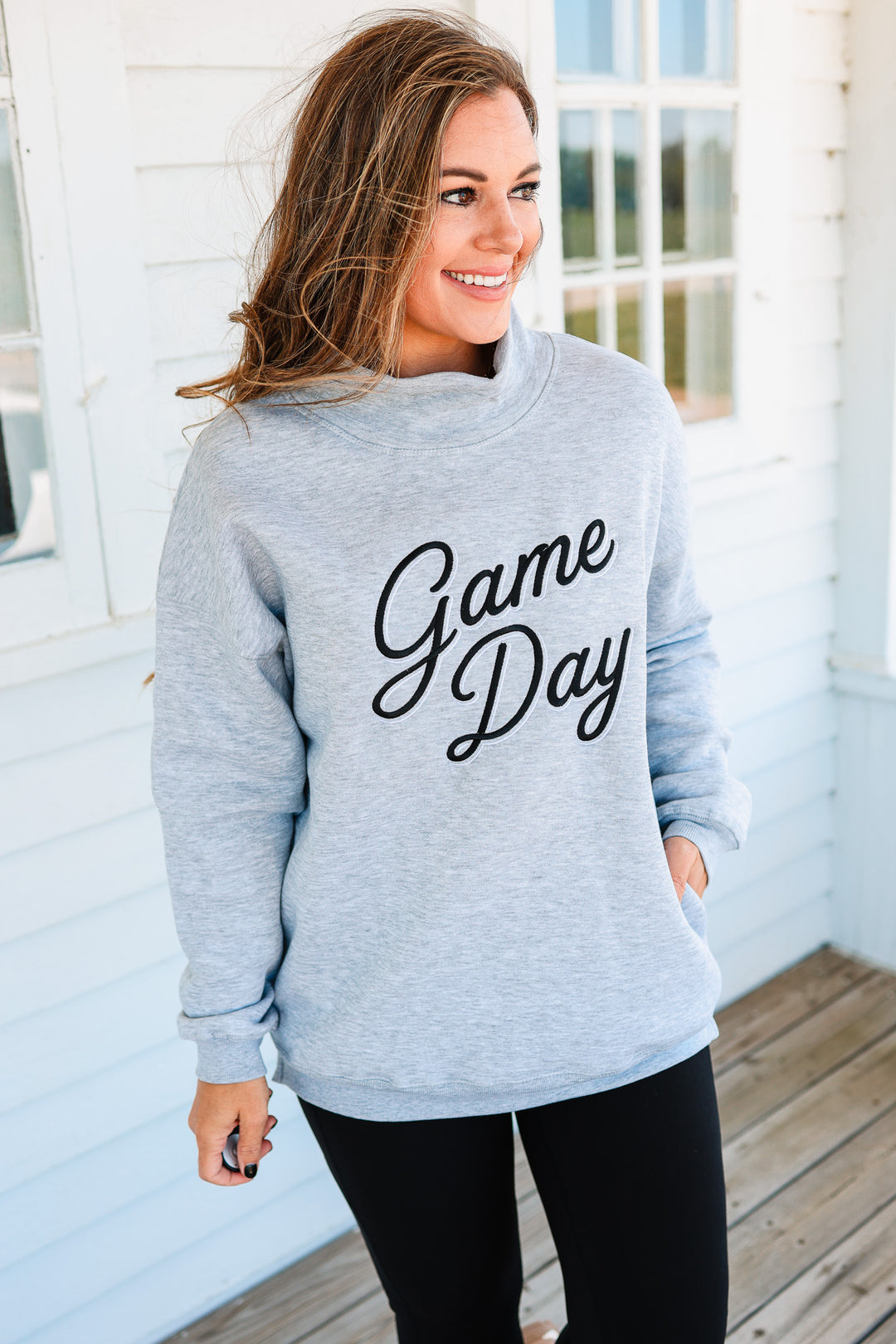 GAME DAY Shadow Script Embroidery Mockneck - Grey