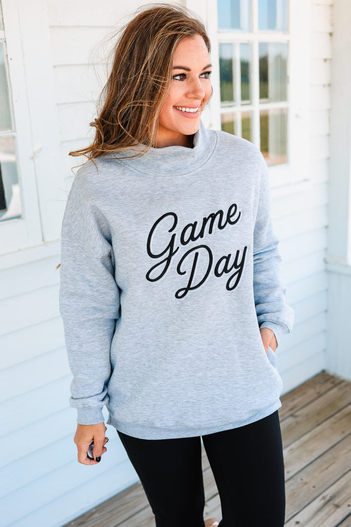 GAME DAY Shadow Script Embroidery Mockneck - Grey