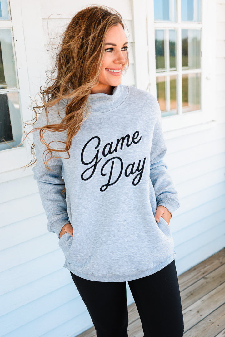 GAME DAY Shadow Script Embroidery Mockneck - Grey