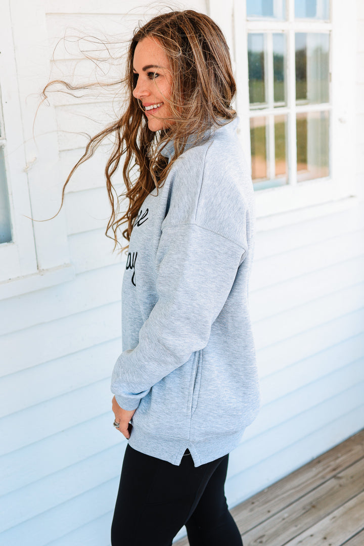 GAME DAY Shadow Script Embroidery Mockneck - Grey