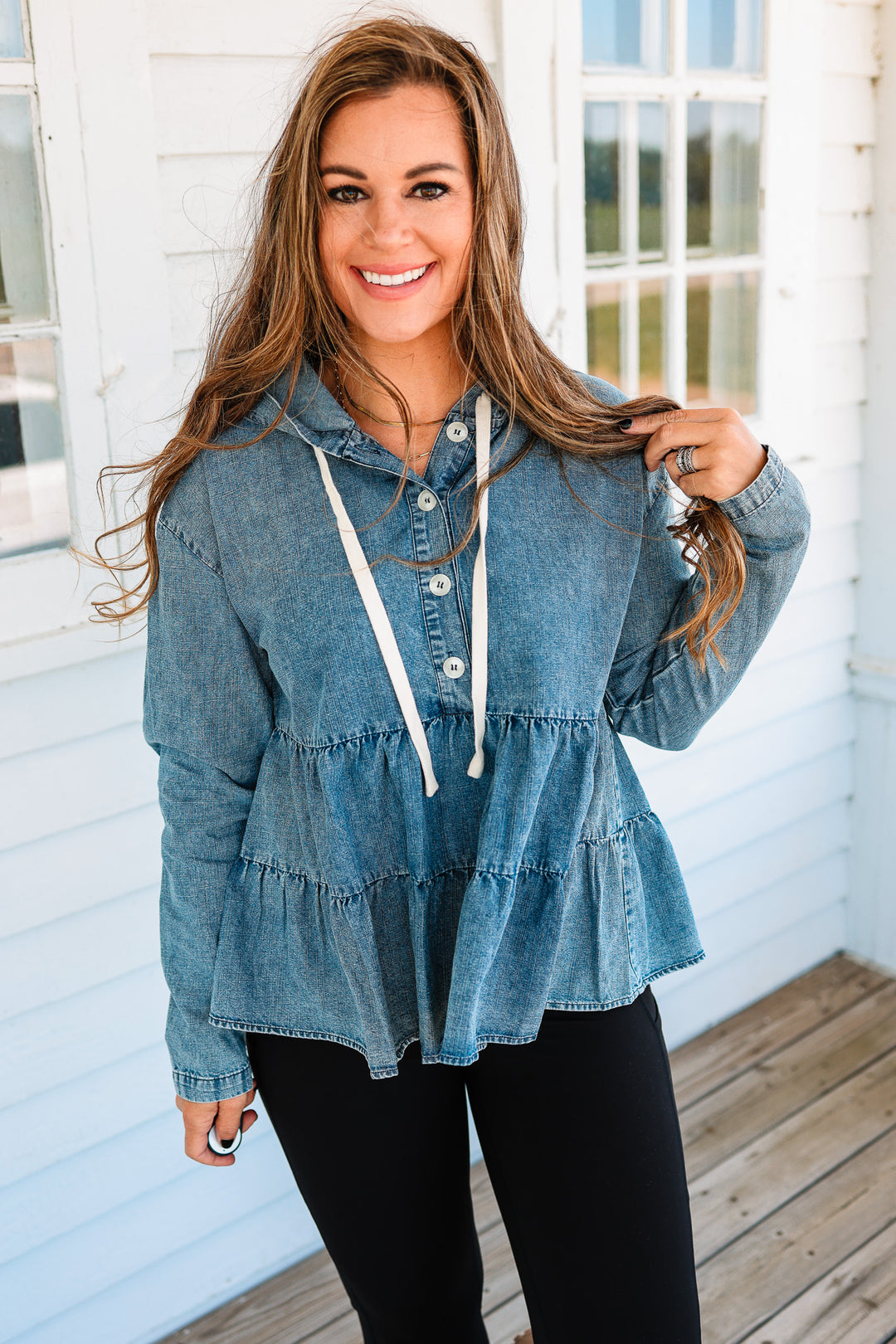 Palmer Washed Denim Tiered Hoodie