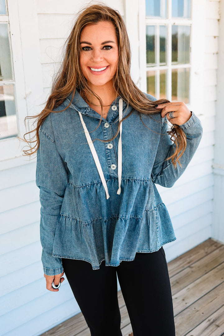 Palmer Washed Denim Tiered Hoodie