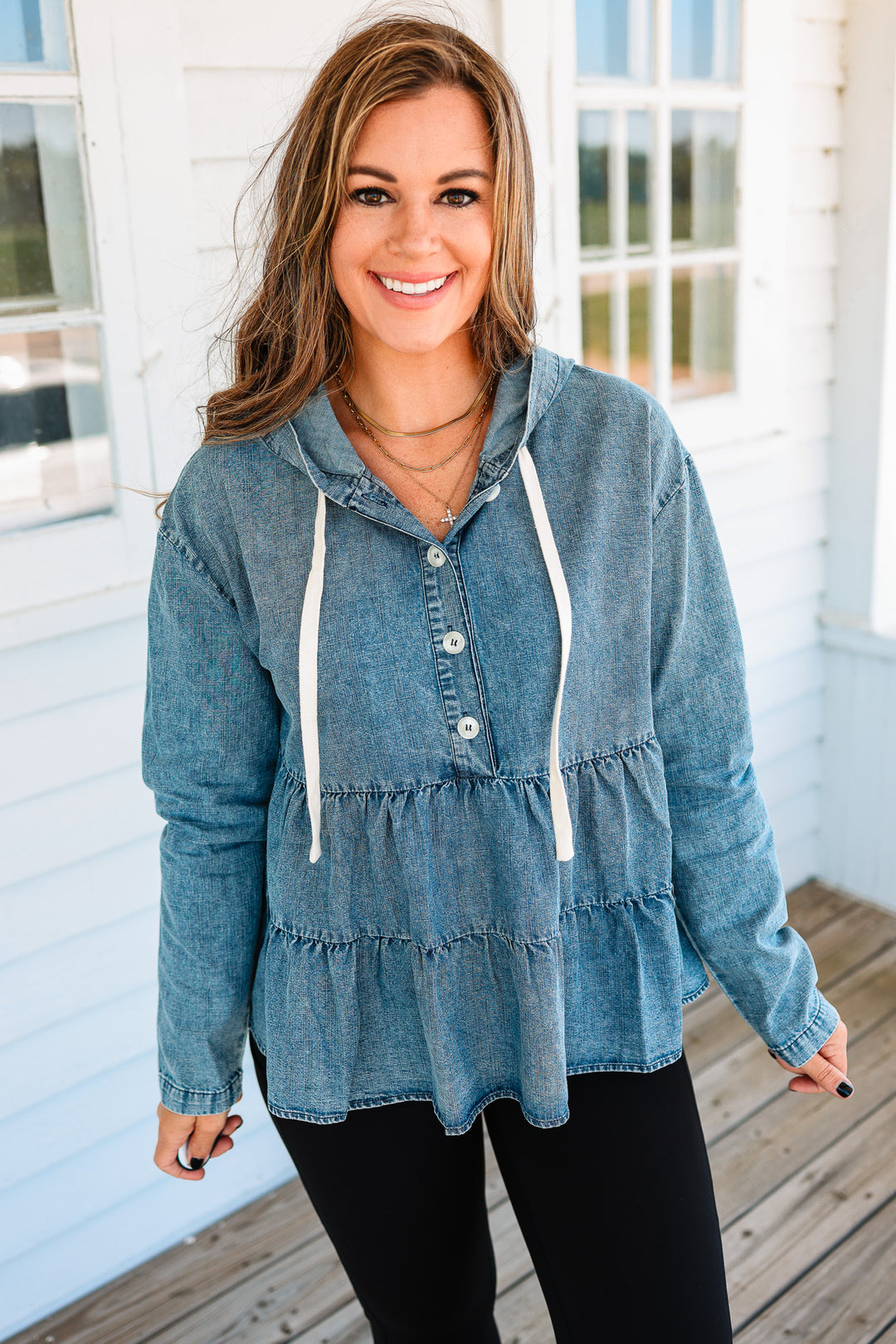 Palmer Washed Denim Tiered Hoodie