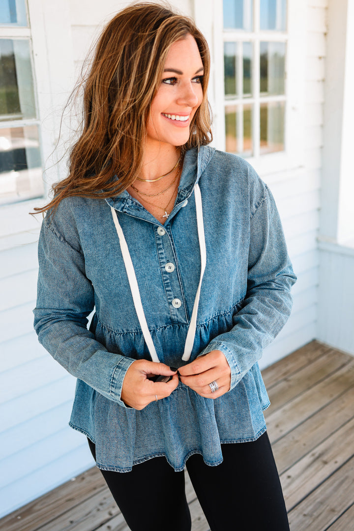 Palmer Washed Denim Tiered Hoodie