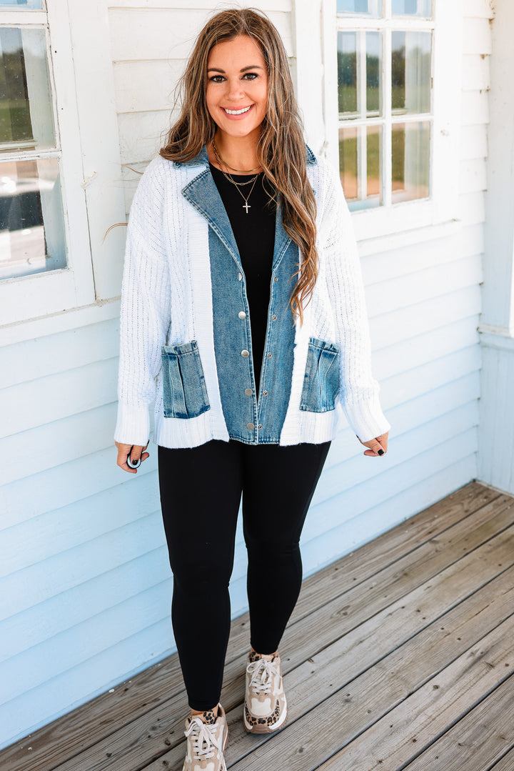 Rielle Denim Contrast Sweater Cardigan - White
