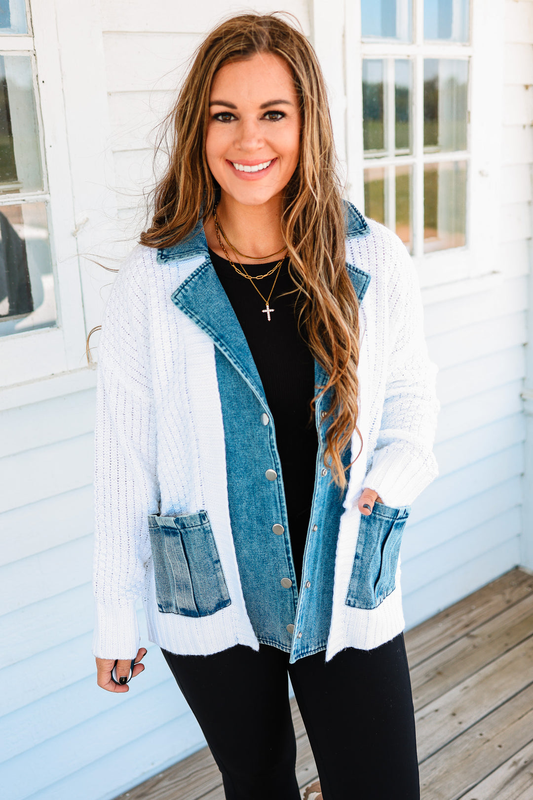 Rielle Denim Contrast Sweater Cardigan - White