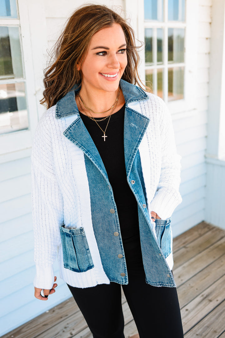 Rielle Denim Contrast Sweater Cardigan - White