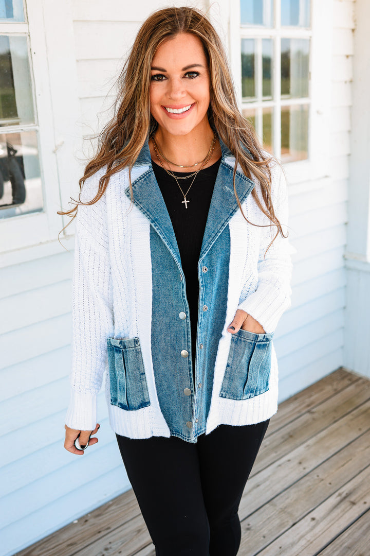 Rielle Denim Contrast Sweater Cardigan - White