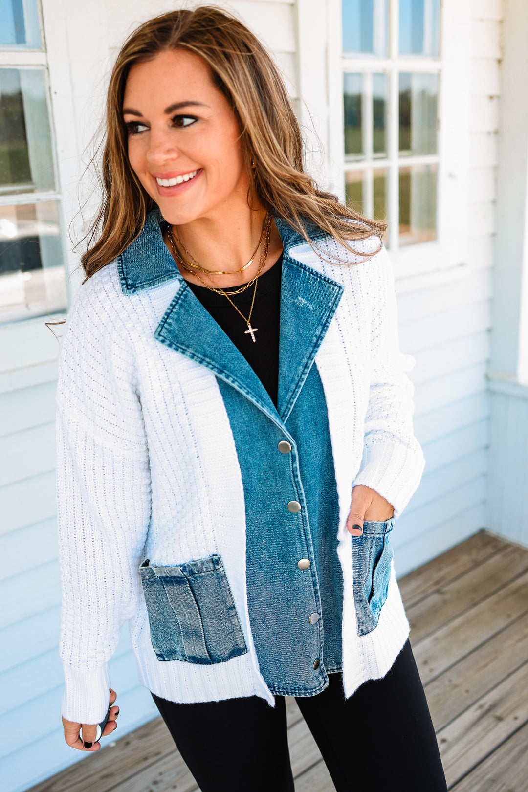 Rielle Denim Contrast Sweater Cardigan - White