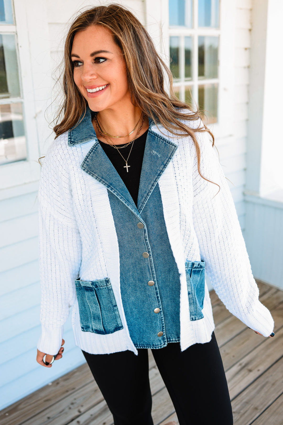 Rielle Denim Contrast Sweater Cardigan - White