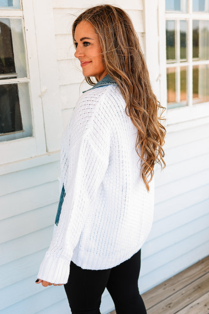 Rielle Denim Contrast Sweater Cardigan - White