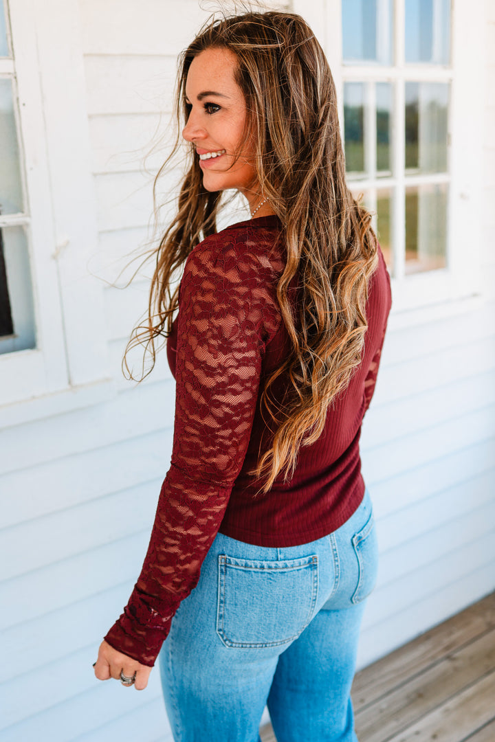 Merritt Lace Sleeve Rib Knit Top - Burgundy