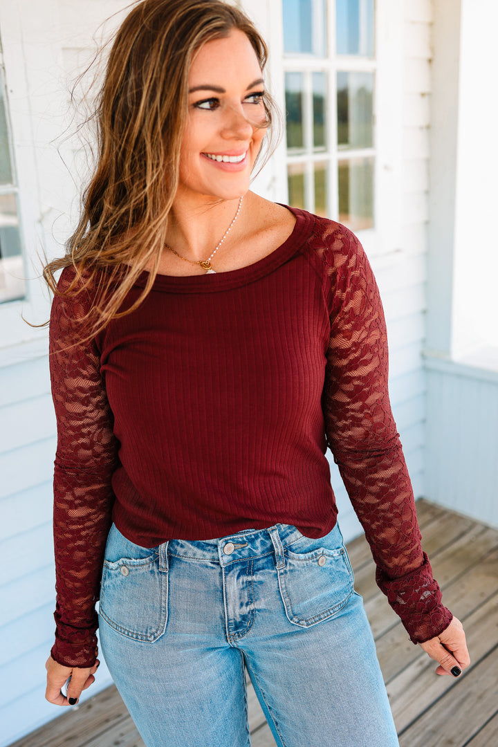 Merritt Lace Sleeve Rib Knit Top - Burgundy