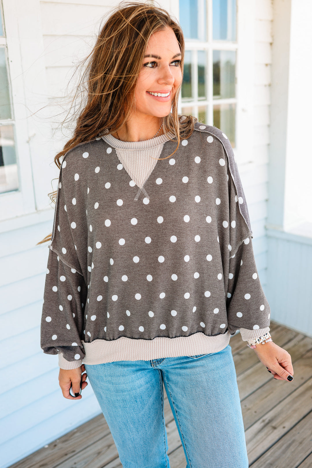 Reese Polka Dot Pullover - Brown Taupe