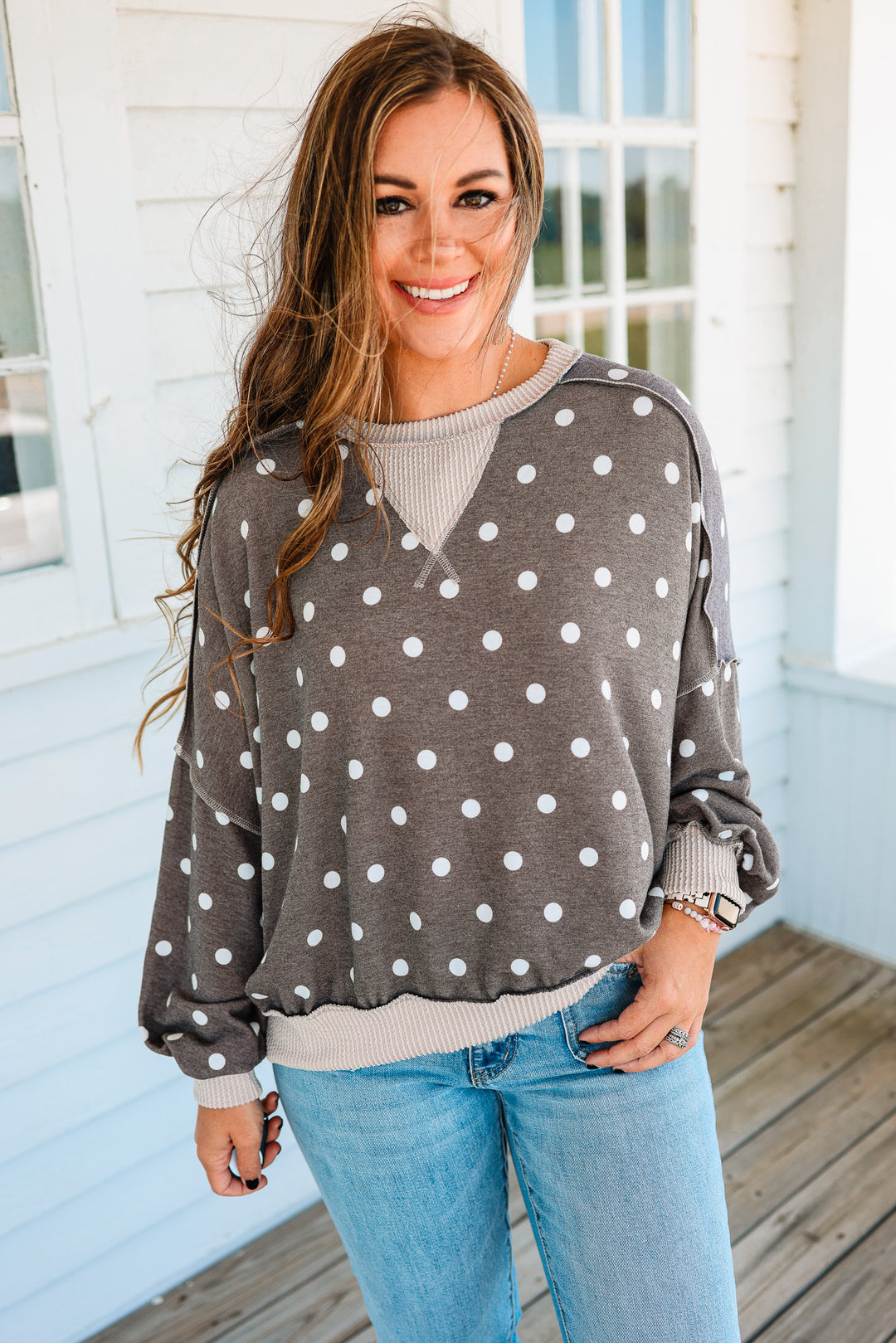 Reese Polka Dot Pullover - Brown Taupe