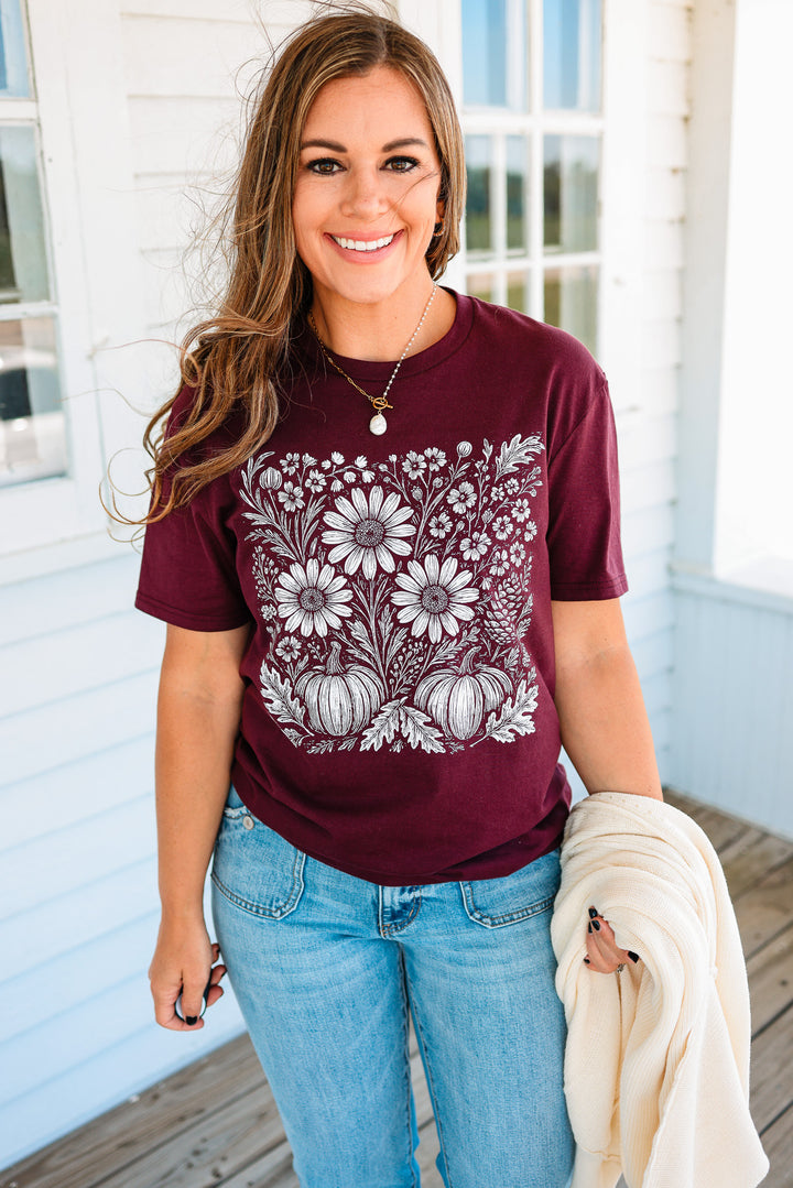 Fall Pumpkin Sunflower Linocut Graphic Tee - Plum