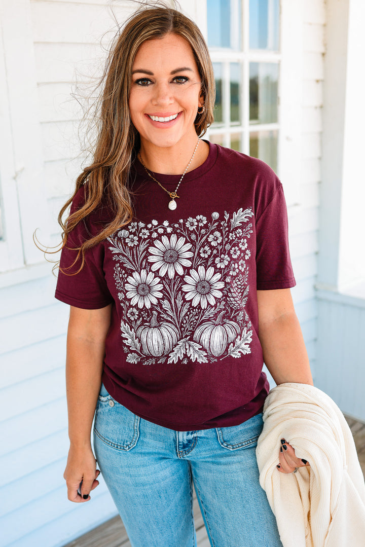 Fall Pumpkin Sunflower Linocut Graphic Tee - Plum