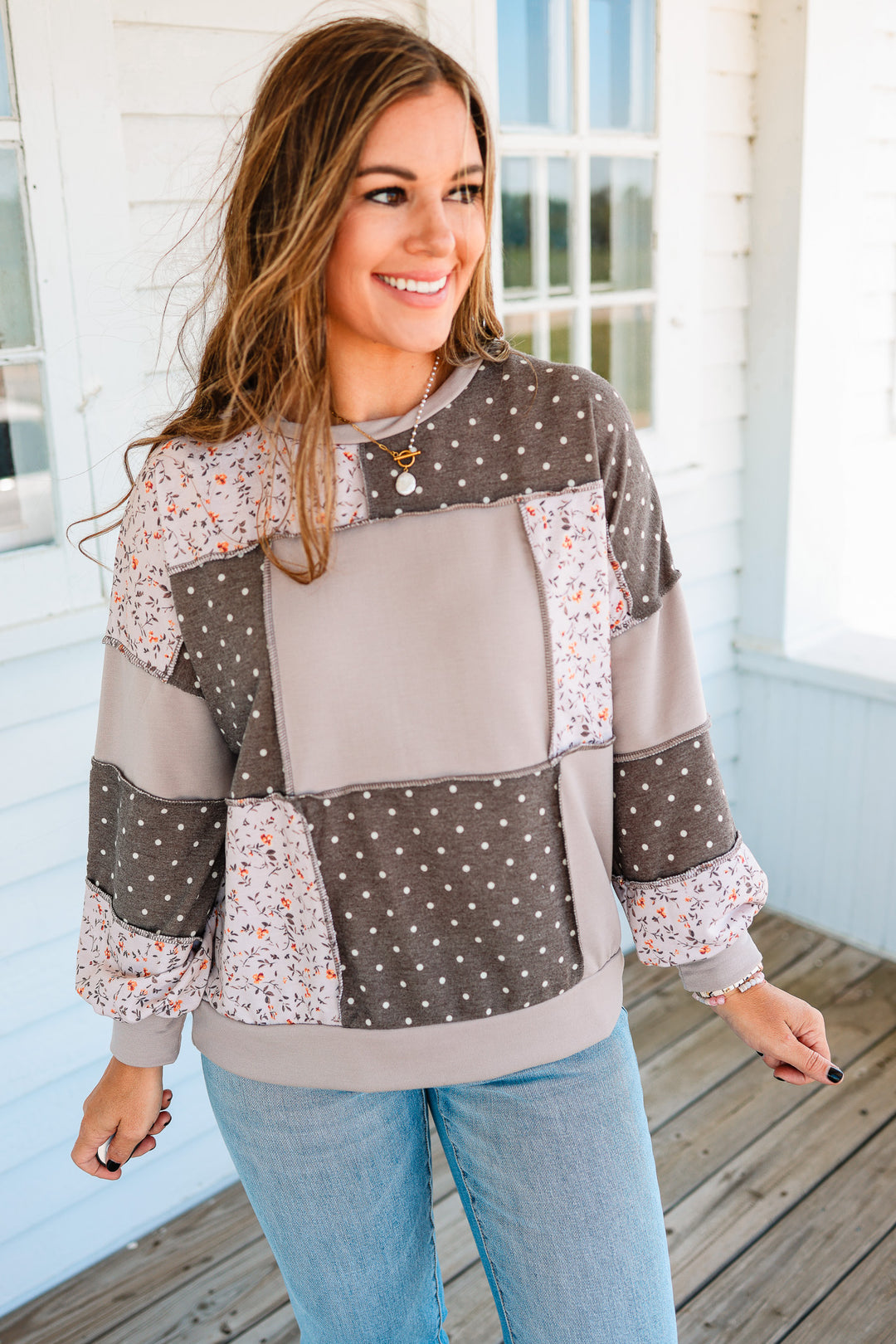 Parker Mixed Print Patchwork Pullover - Taupe/Brown