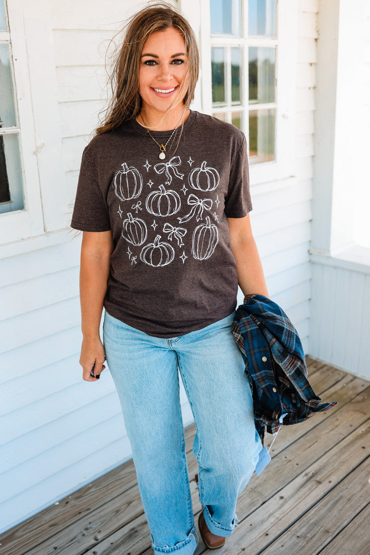 Pumpkins & Bows Graphic Tee - Heathered Brown