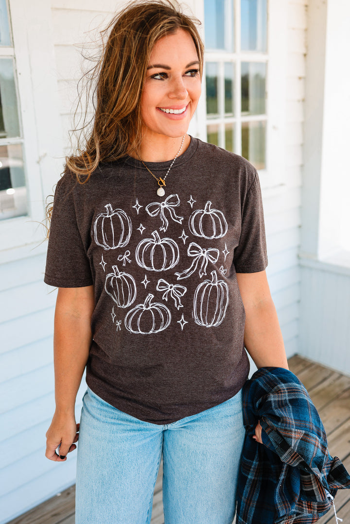 Pumpkins & Bows Graphic Tee - Heathered Brown
