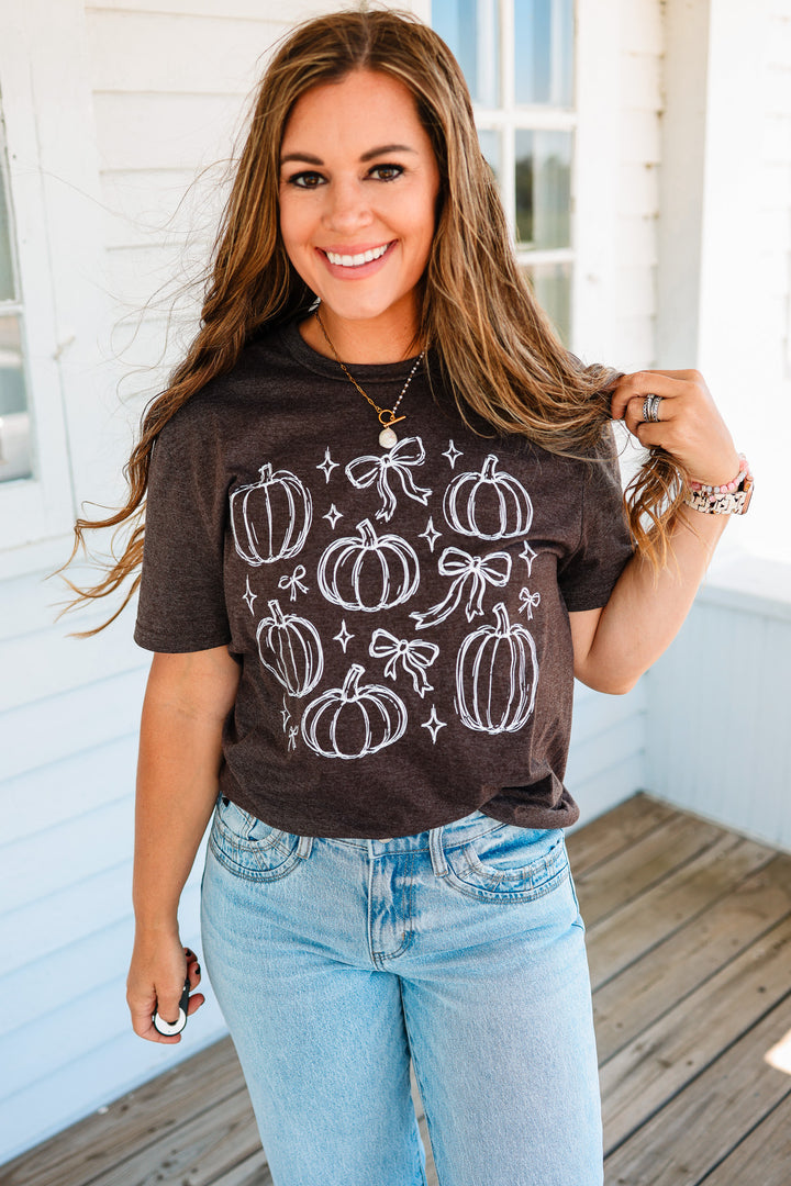 Pumpkins & Bows Graphic Tee - Heathered Brown