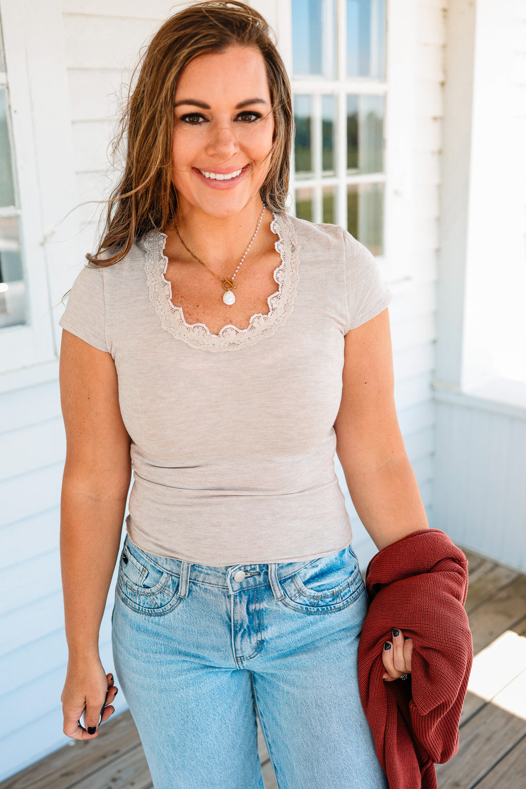 Sarah Lettuce Edge Knit Top - Oatmeal