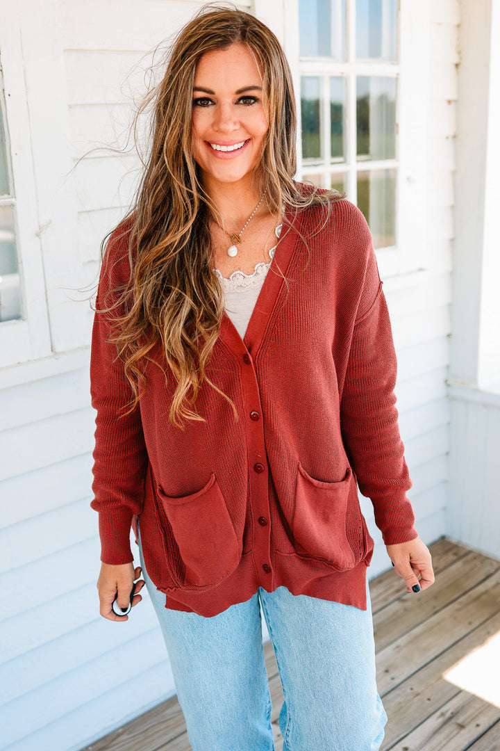 Tatum Slouchy Button Down Cardigan - Redwood