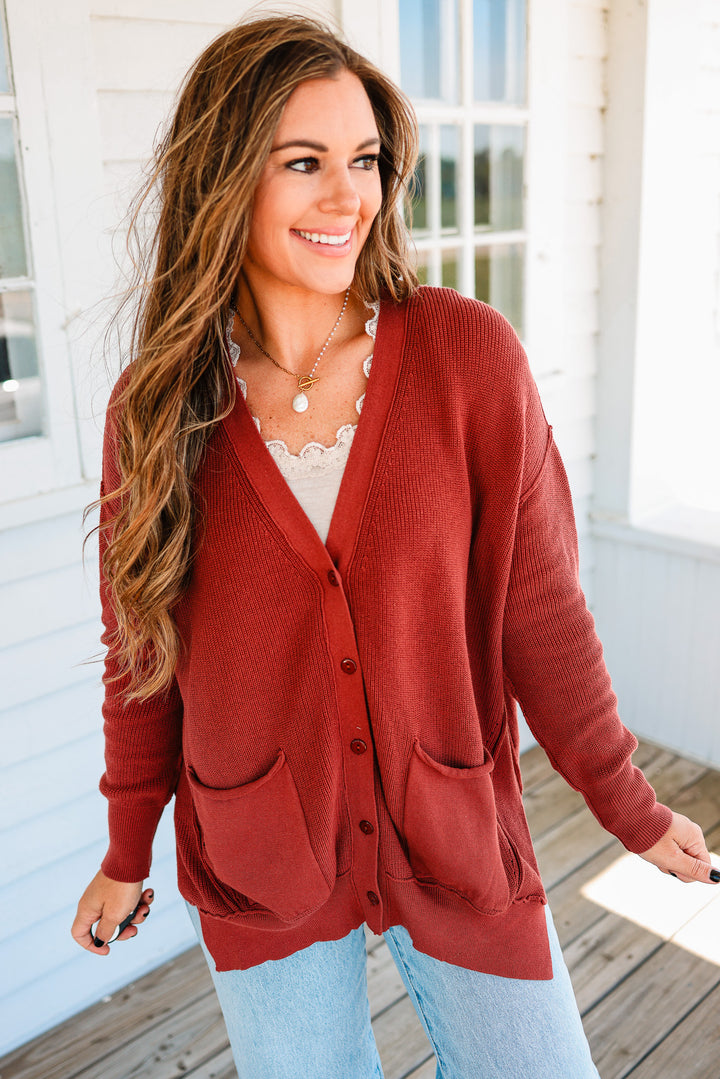 Tatum Slouchy Button Down Cardigan - Redwood
