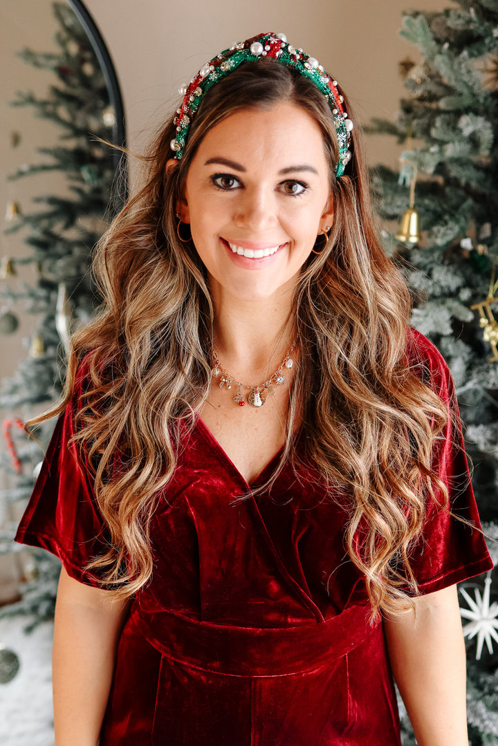 Plaid Pearl Beaded Wide Knotted Headband - Green