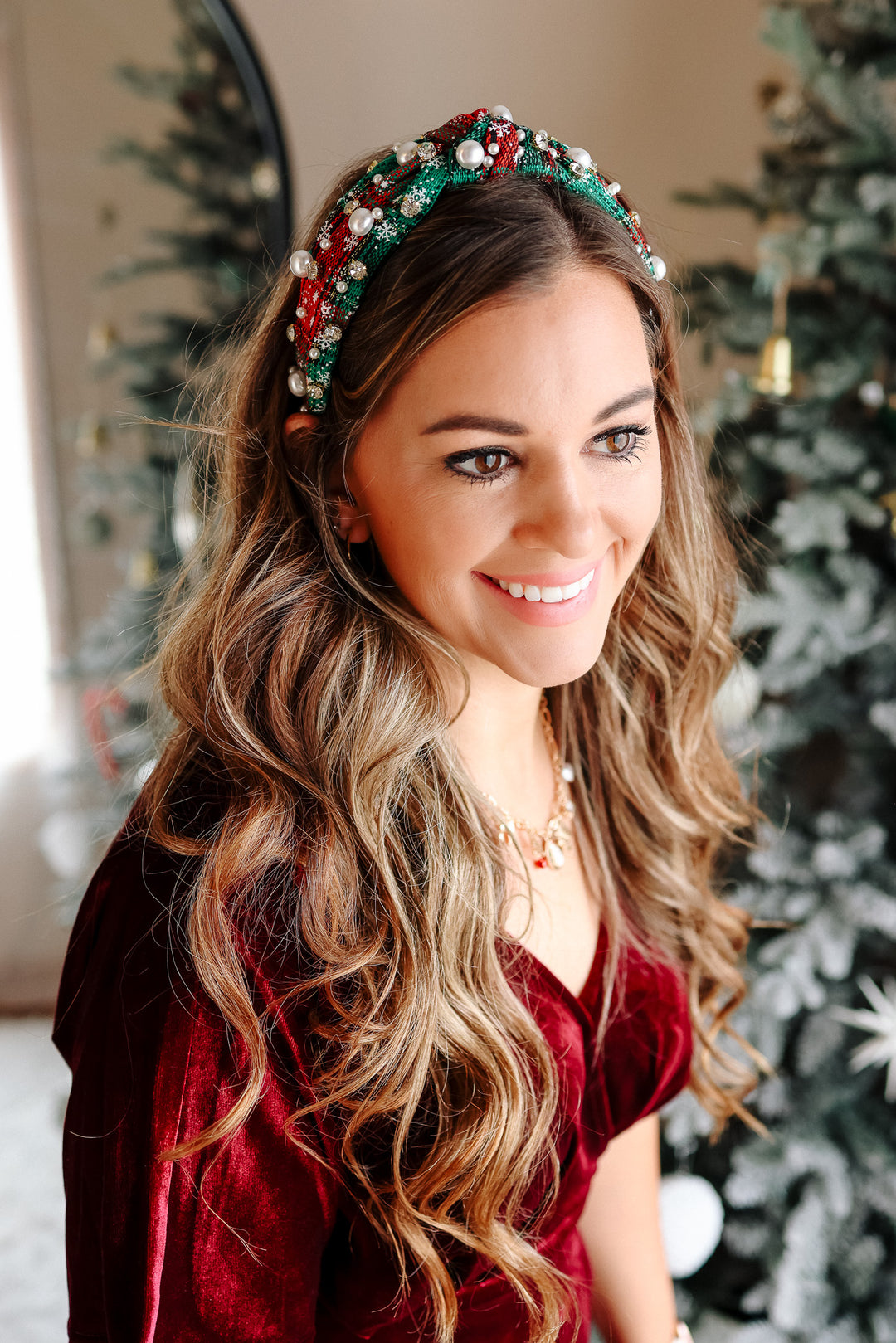 Plaid Pearl Beaded Wide Knotted Headband - Green