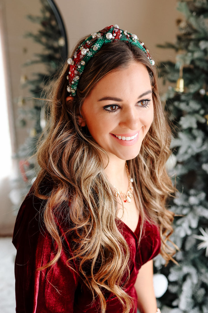Plaid Pearl Beaded Wide Knotted Headband - Green