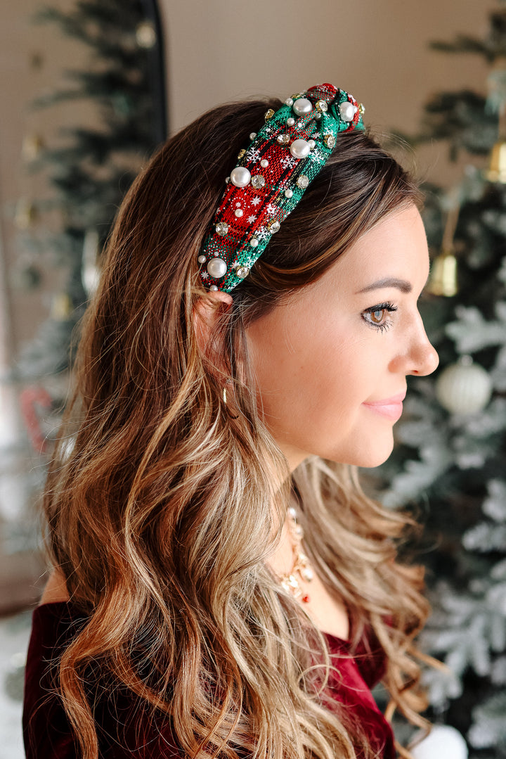 Plaid Pearl Beaded Wide Knotted Headband - Green