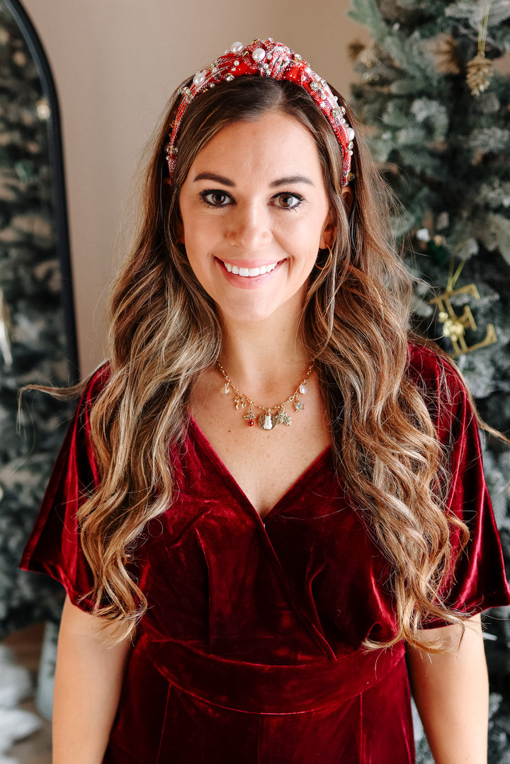 Plaid Pearl Beaded Wide Knotted Headband - Red