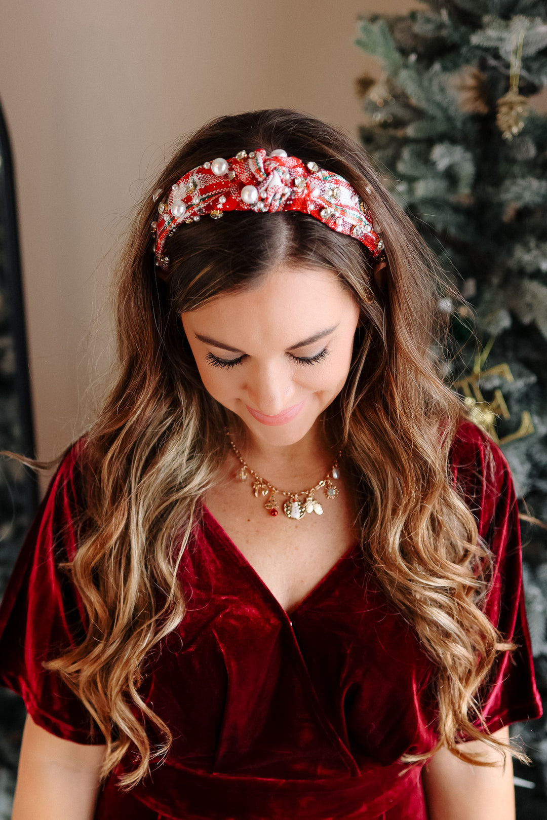 Plaid Pearl Beaded Wide Knotted Headband - Red