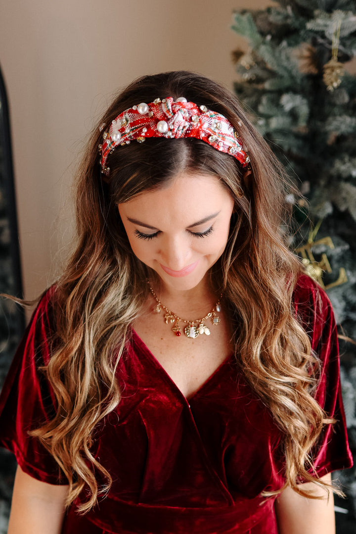 Plaid Pearl Beaded Wide Knotted Headband - Red