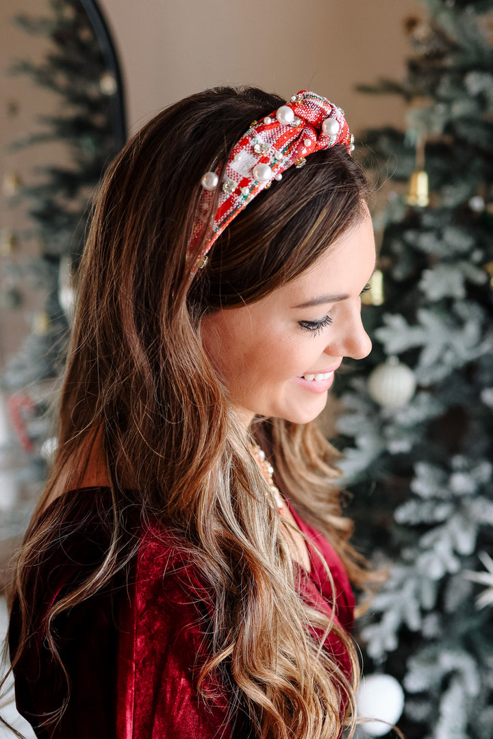 Plaid Pearl Beaded Wide Knotted Headband - Red