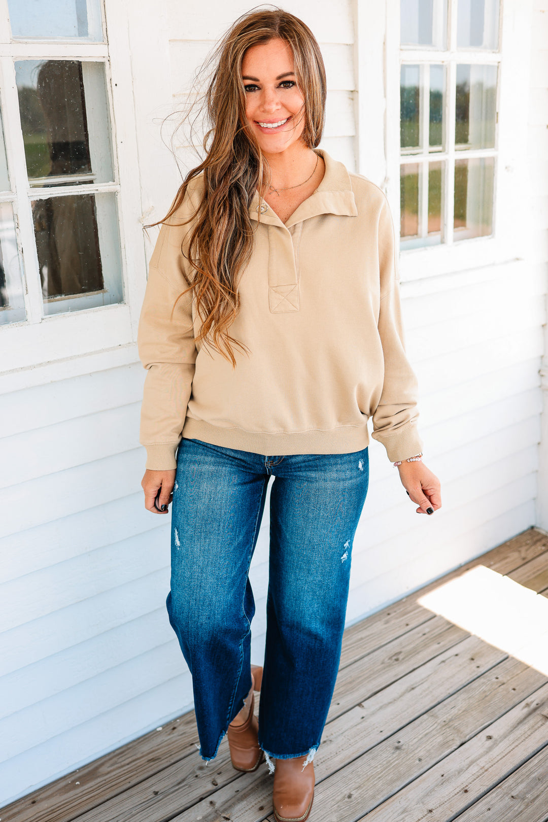 Jolie Half Placket Washed Terry Top - Khaki