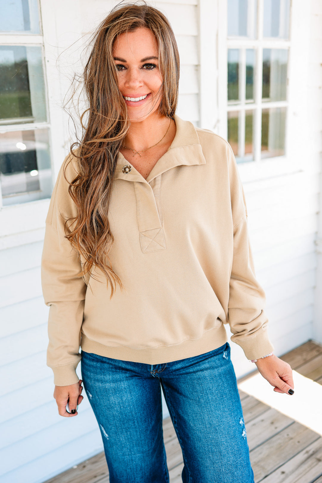 Jolie Half Placket Washed Terry Top - Khaki