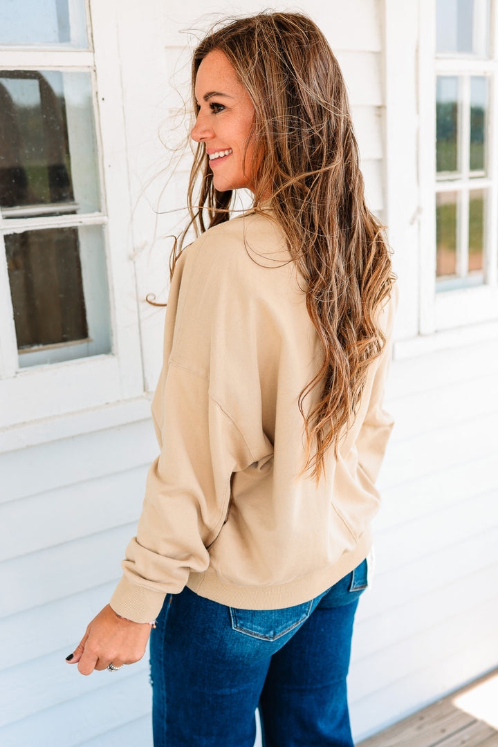Jolie Half Placket Washed Terry Top - Khaki
