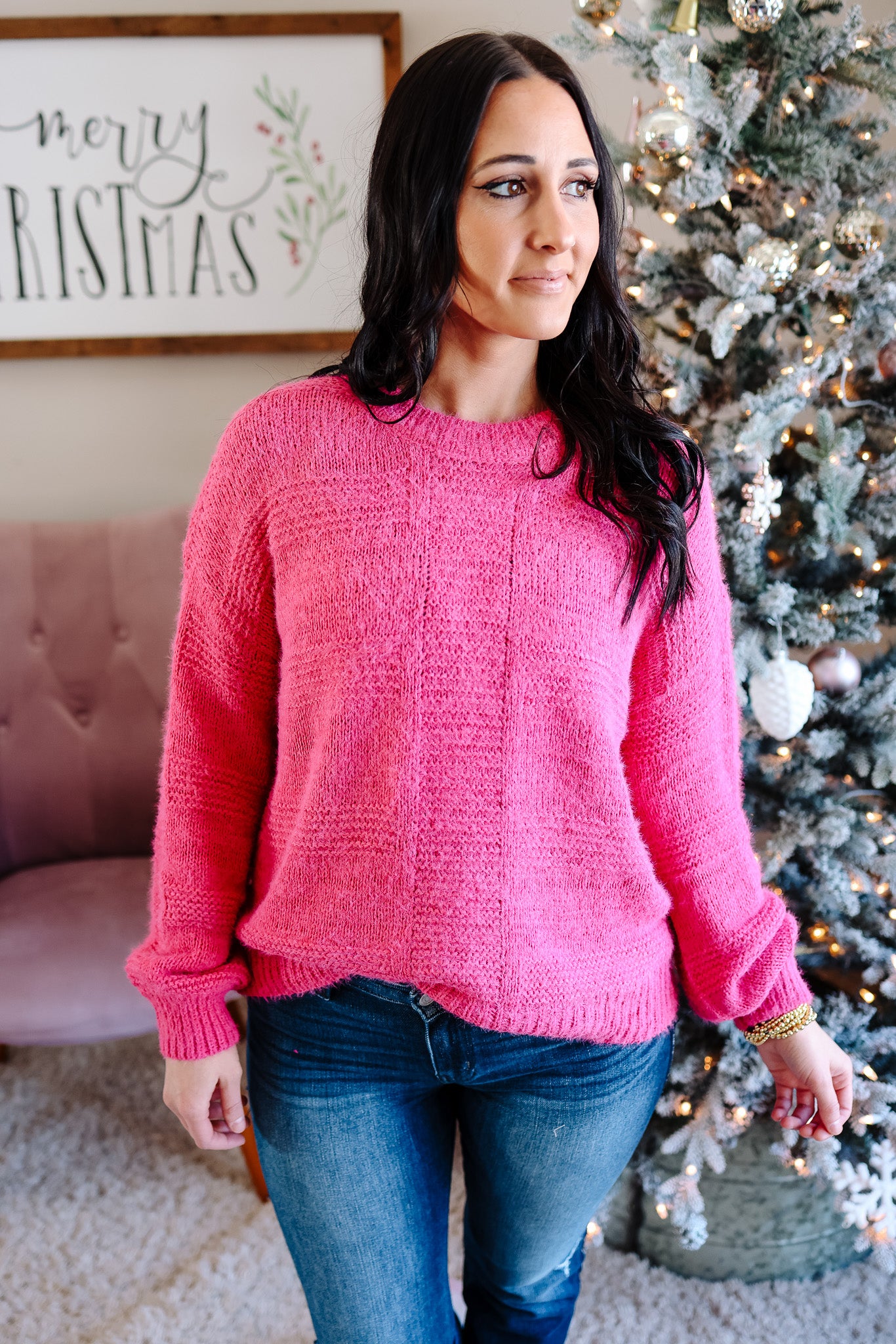Stella Fuzzy Yarn Sweater - Hot Pink