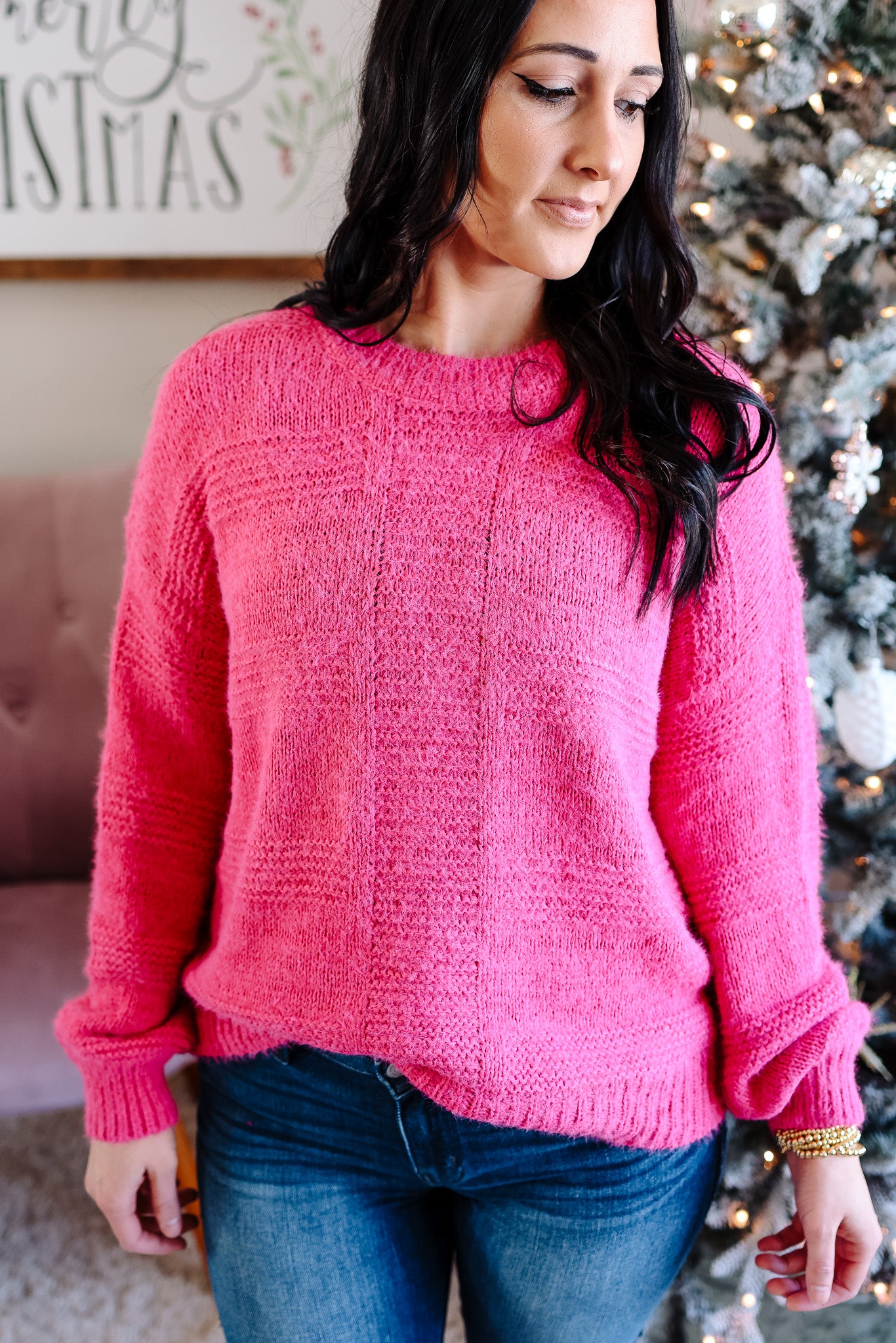 Stella Fuzzy Yarn Sweater - Hot Pink