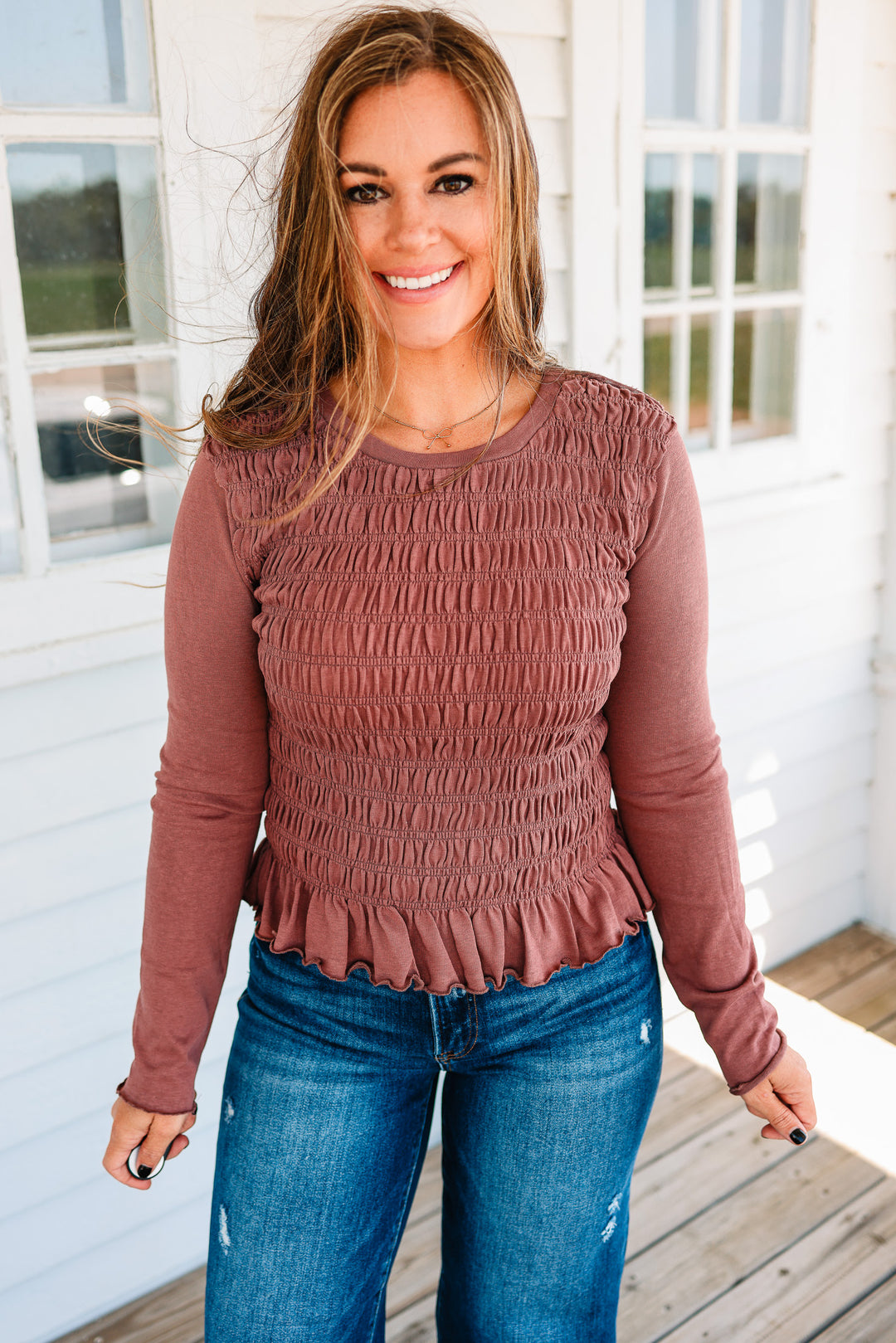 Aura Ruched Ruffle Hem Top - Dusted Cocoa