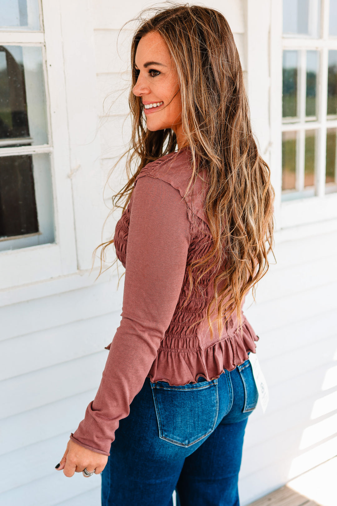 Aura Ruched Ruffle Hem Top - Dusted Cocoa