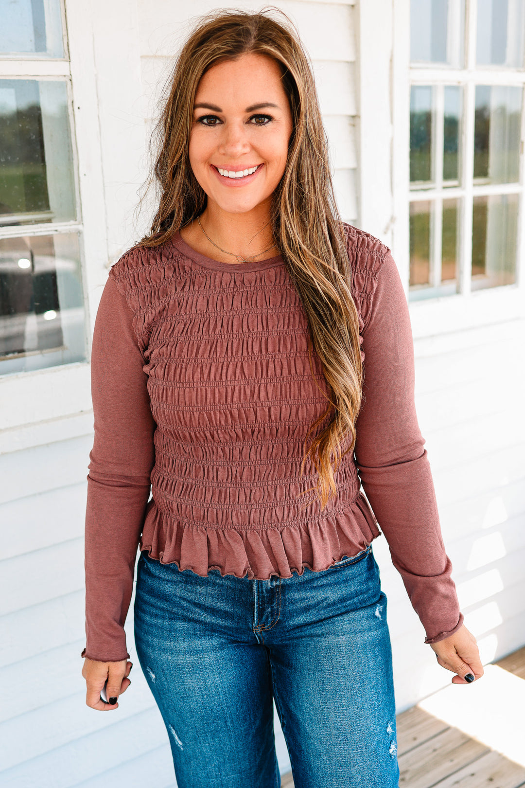 Aura Ruched Ruffle Hem Top - Dusted Cocoa